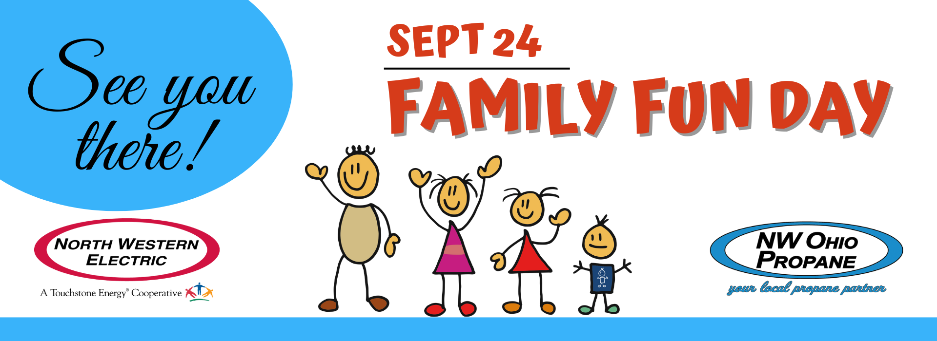 Family fun day promo with two logos and stick family graphic