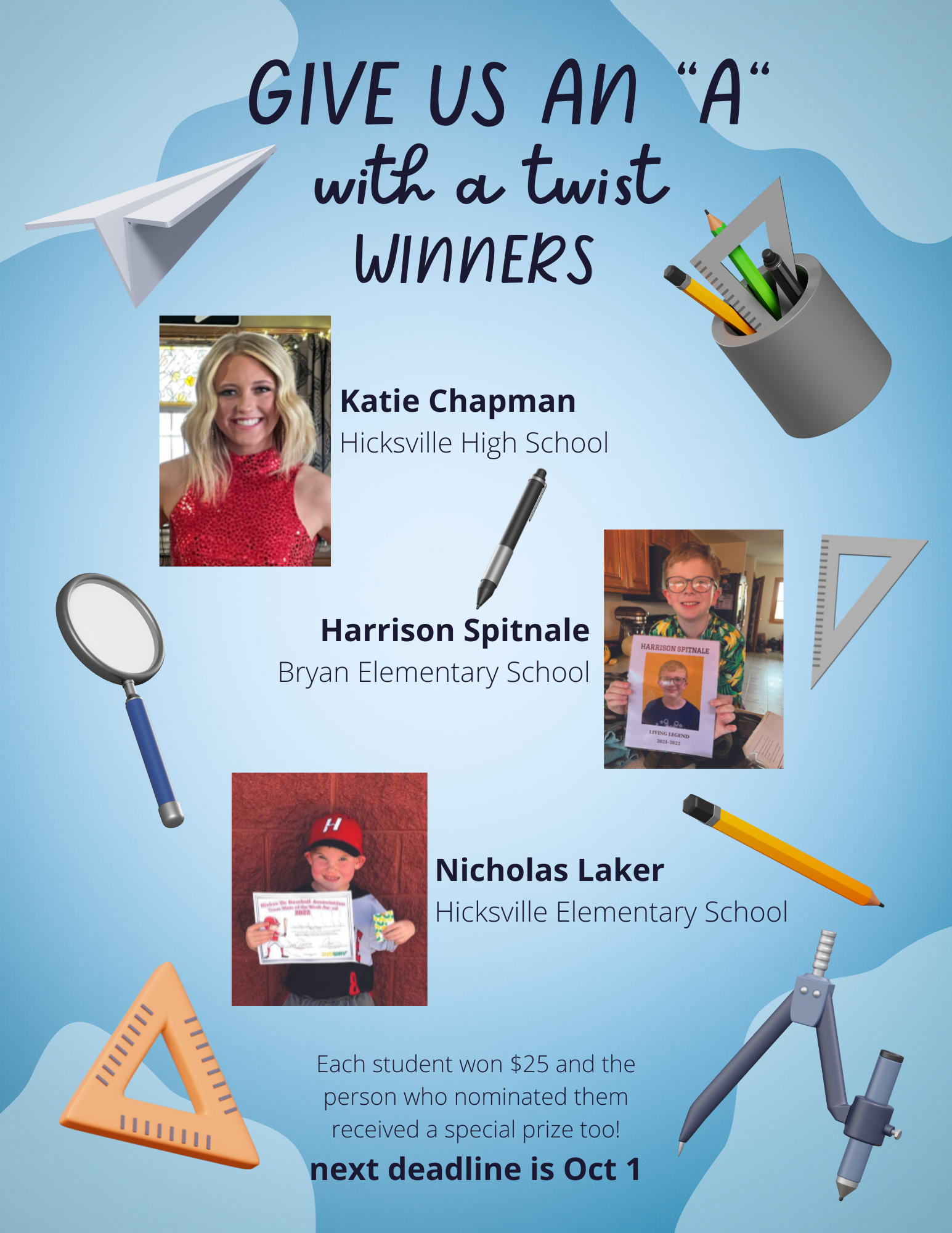 one girl and two boys announcement of winners