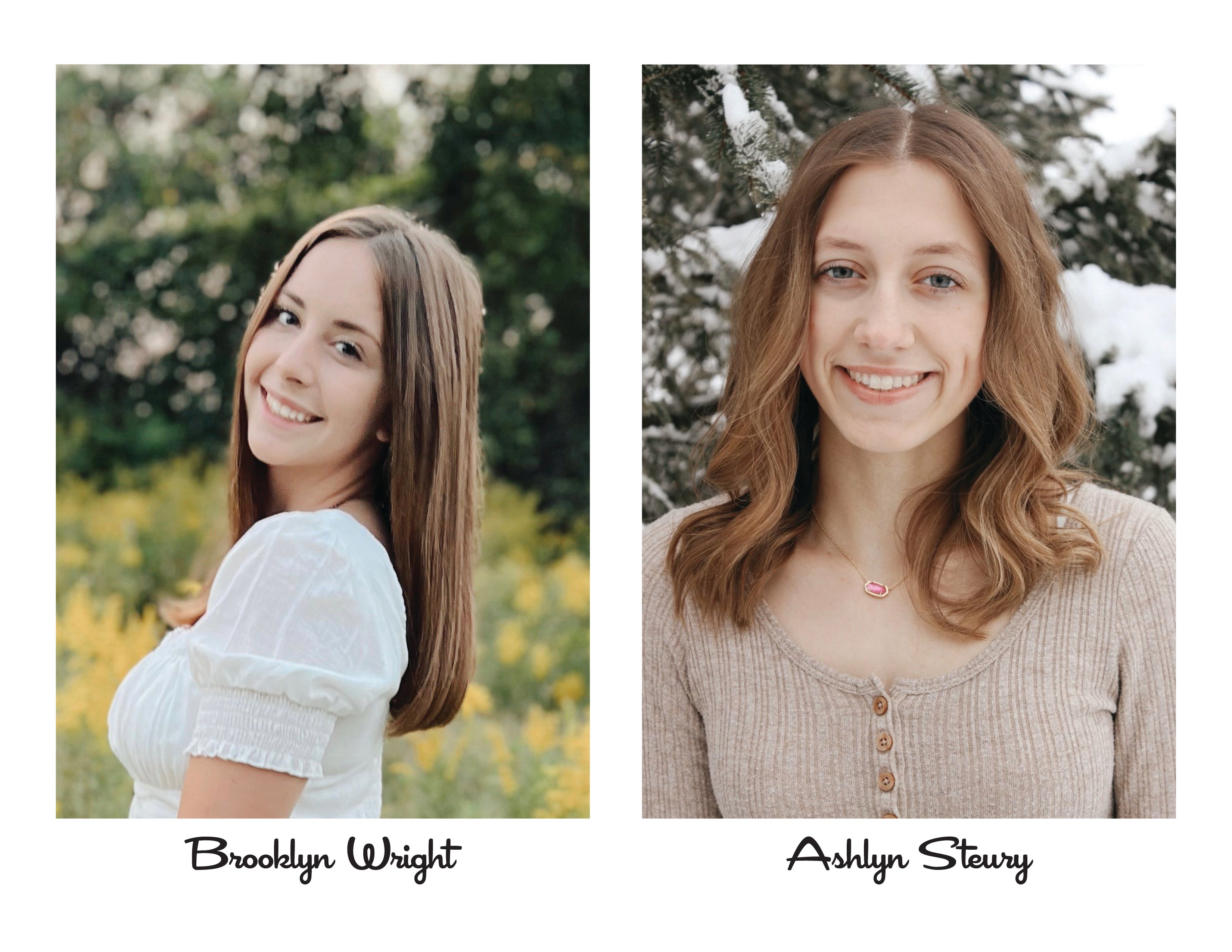 two teenage girls, one in a white dress and one in a tan sweater